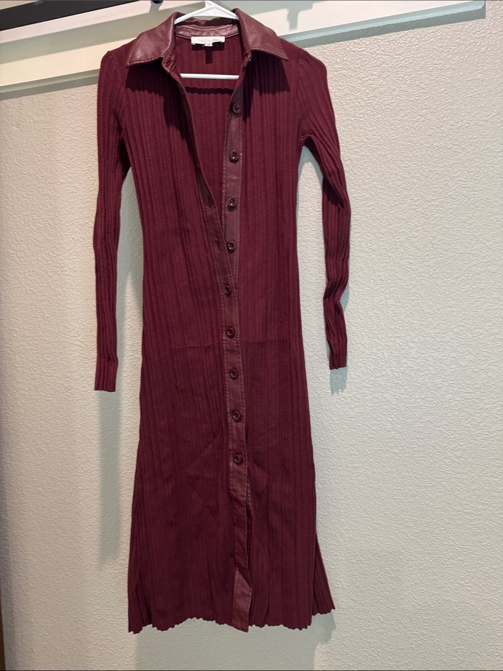 Long-Sleeve Burgundy Ribbed Button-Front Dress - Picture 2 of 5